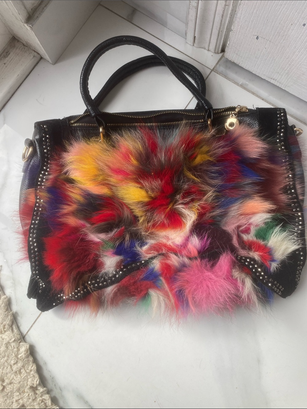 Multicolor Faux Fur Accent Satchel - Women Bags